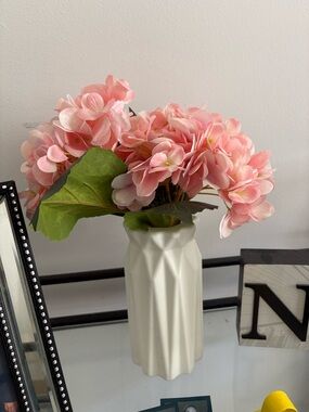 Pink Artificial Hydrangea Arrangement in White Ceramic Vase